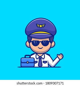 Pilot With Suitcase Cartoon Vector Icon Illustration. People Profession Icon Concept Isolated Premium Vector. Flat Cartoon Style