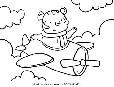 Pilot Tiger on Plane, Children Coloring Page. Printable Coloring book Outline black and white.