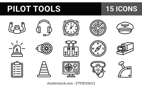 Pilot Tools and Aviation Icons Set: Control Yoke, Headset, Clock, Radar, Cap