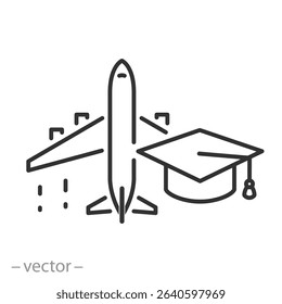 pilot training icon, plane and graduation cap, flight school, flight education, thin linear vector illustration