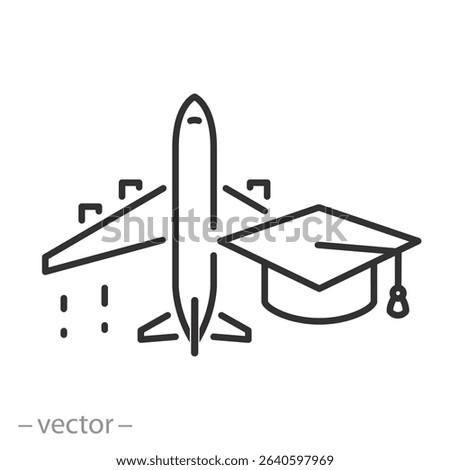 pilot training icon, plane and graduation cap, flight school, flight education, thin linear vector illustration