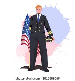 pilot in uniform holding USA flag happy labor day celebration concept full length vector illustration
