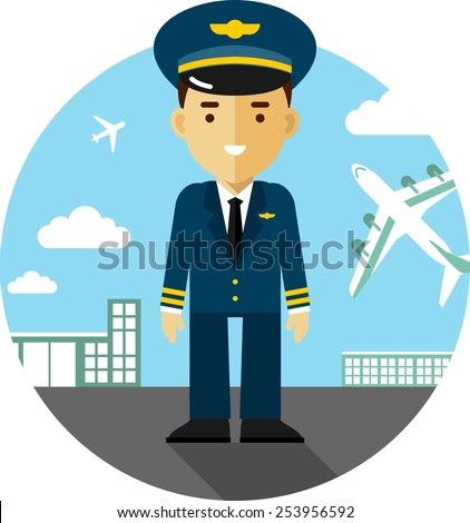 Pilot in uniform on airport background with airplanes in flat style
