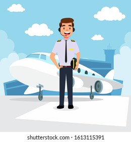 Pilot in a uniform and plane cartoon background with airport building vector illustration