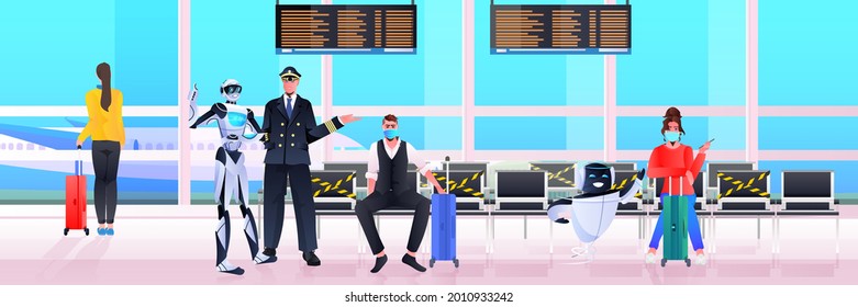 pilot in uniform robot and passengers in masks in airport terminal artificial intelligence technology concept