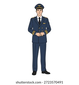 Ein Pilot in Uniform, selbstbewusst mit den Händen zusammen stehend