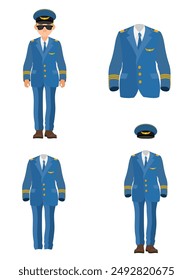 pilot uniform suit work clothes flat style vector illustration isolated on white background