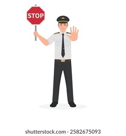 Pilot using a hand sign to stop and holding a stop sign board Vector illustration