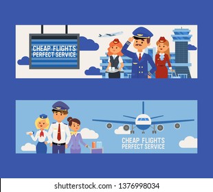Pilot vector flight crew stewardess and people traveling on aircraft plane airplane flying to airport illustration aviation transportation backdrop of aeroplane airliner banner design background.