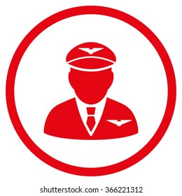 Pilot vector icon. Style is flat circled symbol, red color, rounded angles, white background.