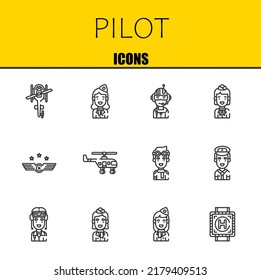 pilot vector line icons set. helicopter, stewardess and pilot Icons. Thin line design. Modern outline graphic elements, simple stroke symbols stock illustration
