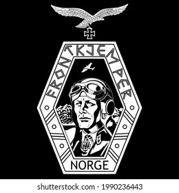 Piloto. Imagen vintage de un piloto de la segunda guerra mundial. Piloto noruego aislado en negro, ilustración vectorial
