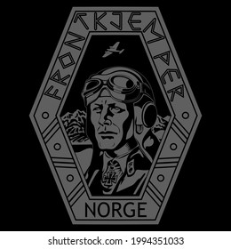 Pilotin. Vintage Bild eines Piloten aus dem zweiten Weltkrieg. Norwegischer Pilot einzeln auf Schwarz, Vektorgrafik