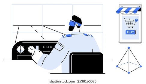 Pilot with VR headset controls dashboard. Nearby are online shopping cart and geometric shape. Ideal for technology, virtual reality, e-commerce, aviation, and geometric concepts. Simplified modern