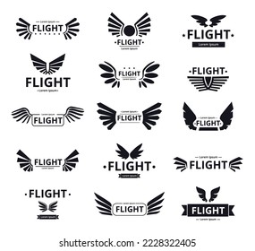 Pilot wing logo. Military army shield. Eagle patch. Flight emblem. Bird insignia. Retro crest corporate label. Aviation sign. Silhouette black symbol design. Vector recent icons set