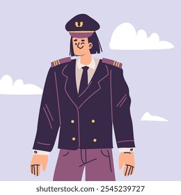 Personagem mulher piloto em uniforme com ilustração de vetor de laço