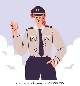 Personagem mulher piloto em uniforme com ilustração de vetor de laço