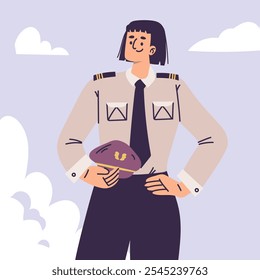 Personagem mulher piloto em uniforme com ilustração de vetor de laço