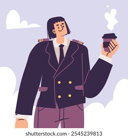 Personagem mulher piloto em uniforme com gravata beber café ilustração vetor