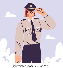 Personagem mulher piloto em uniforme com ilustração de vetor de laço