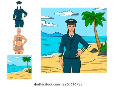 pilot woman on beach. illustration pilot girl 