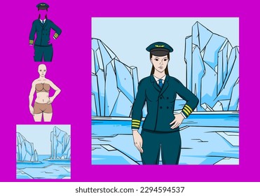 pilot women on Antarctica. Antarctica and pilot woman illustration