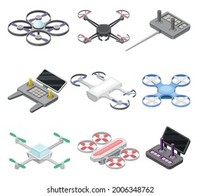 Pilotless Drone as Aerial Vehicle and Remote Control Panel Isometric Vector Set