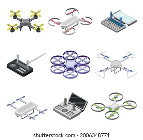 Drones sin piloto como vehículo aéreo y conjunto de vectores isométricos del panel de control remoto