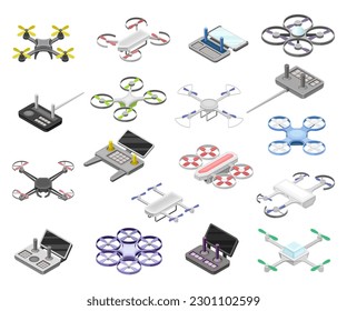 Pilotless Drone as Aerial Vehicle and Remote Control Panel Isometric Big Vector Set