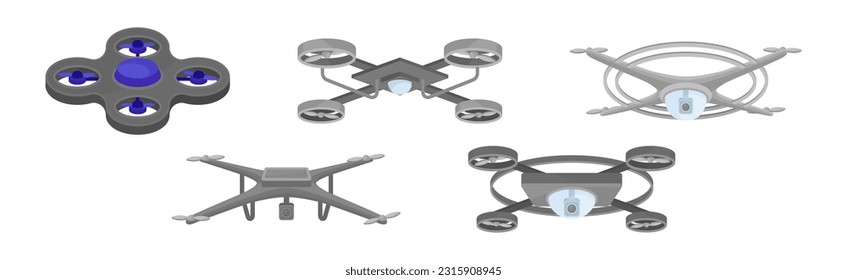 Pilotless Drone as Aerial Vehicle with Remote Control Isometric Vector Set