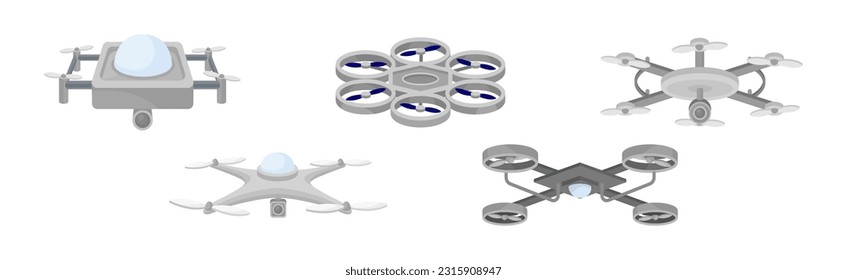 Pilotless Drone as Aerial Vehicle with Remote Control Isometric Vector Set