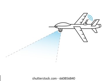 Pilotless plane vector illustration. Remote control drone for surveillance line art concept. Pilot less aeroplane scout graphic design.