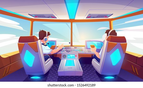 Pilots in airplane cockpit, jet cabin with control panel, plane interior with seats, flight deck dashboard with navigation monitors and sky view in windows. Modern airliner Cartoon vector illustration