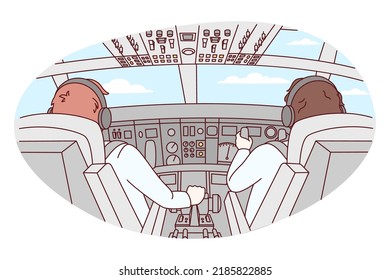 Pilots in cabin of airplane during flight. Aircraft crew in front of plant. Aviation and flying. Vector illustration. 