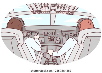 Pilots in cabin of airplane during flight. Aircraft crew in front of plant. Aviation and flying. Vector illustration.
