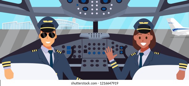 Pilots in cockpit flat design. with man and woman pilot character