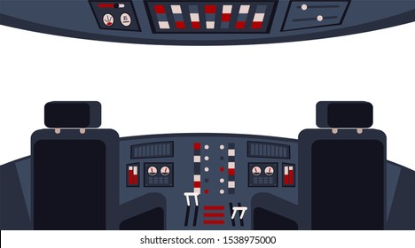 Pilots cockpit inside interior with dashboard,appliances and chairs flat vector illustration. Airplane cabin inside equipment with window. Aircraft transportation.
