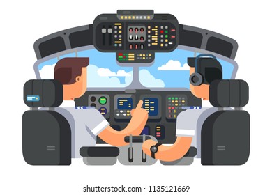 Pilots in cockpit plane with control board flat design. Airplane captain and command of plane. Vector illustration