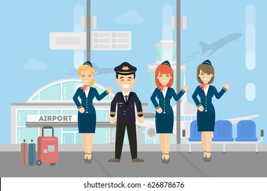 Pilots crew on white background. Pilots wih stewardesses at the airport.