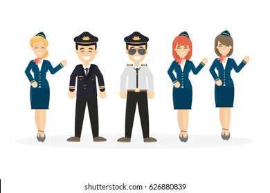 Pilots crew on white background. Pilots wih stewardesses.