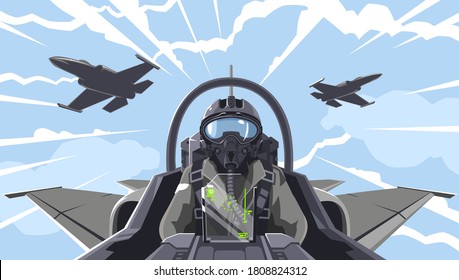 Pilot's in the fighter. Aircraft-fighter cockpit overview. Aerobatic team in the air. A military fighter in the clouds. Figures of higher pilatage. The pilot of a military plane. Illustration, EPS 10