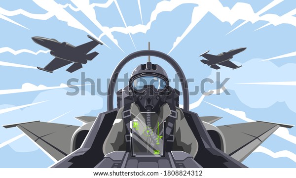 Pilot\'s in the fighter. Aircraft-fighter cockpit\
overview. Aerobatic team in the air. A military fighter in the\
clouds. Figures of higher pilatage. The pilot of a military plane.\
Illustration, EPS 10