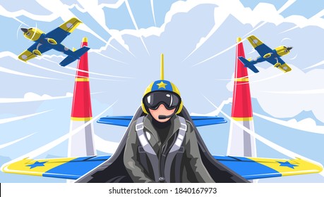 The pilot's in the fighter. Overview of the passenger compartment of the racing aircraft. Aerobatic team in the air. Superelevation race, expensive sports. High pilot at low altitude. 