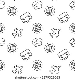 Pilots Hat, Aircraft, Suitcase, Globe Seamless Pattern 