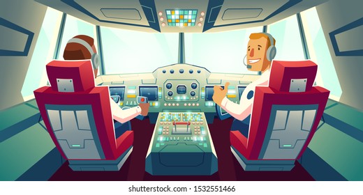 Pilots in jet cockpit, capitain and co-pilot sitting in airplane cabin with flight deck dashboard and navigation monitors holding helm watch on control panel, plane flight. Cartoon vector illustration