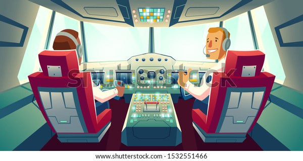 Pilots in jet cockpit, capitain and co-pilot\
sitting in airplane cabin with flight deck dashboard and navigation\
monitors holding helm watch on control panel, plane flight. Cartoon\
vector illustration