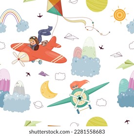 Pilots kids seamless pattern. Repeating design element for printing on fabric. Boy with dog and girl with glasses in vehicle flying among clouds. Travel and adventure. Cartoon flat vector illustration