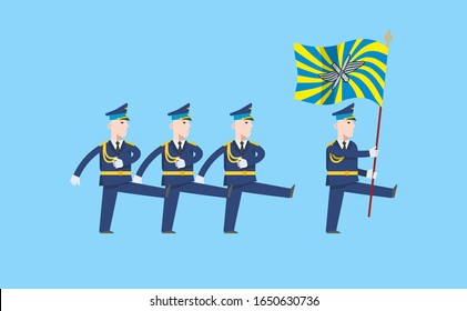 Pilots in military uniforms March on the parade. At the head of the commander marches with a flag. Infographics