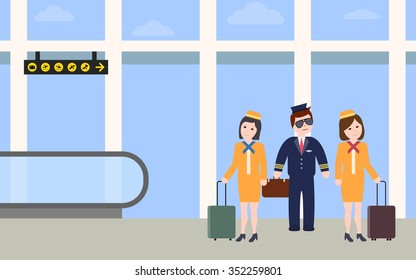 Pilots and pretty flight attendant Ready for departure at the airport in flat icon design background (vector)