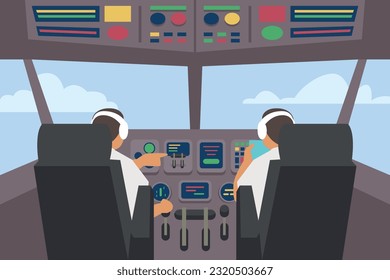 Pilotos sentados frente al tablero de aviones dentro del concepto de ilustración de 2d vectorial para banner, sitio web, ilustración, página de aterrizaje, volante, etc.